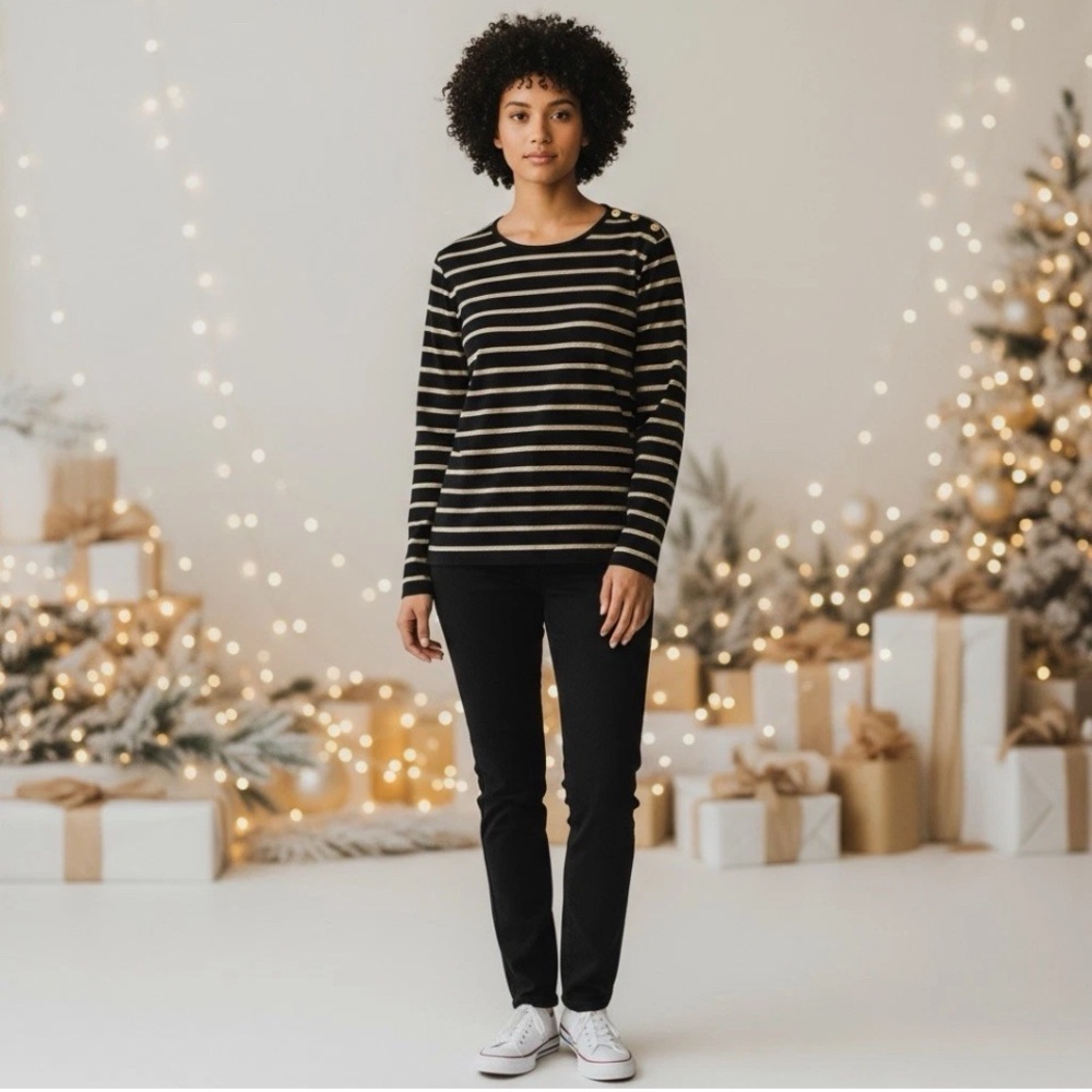 LAUREN RALPH LAUREN WOMEN TOP BLACK‎ W/GOLD METALLIC STRIP 1X HOLIDAY SPARKLE
